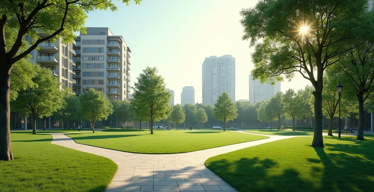 Vue minimaliste d'un parc urbain choletais avec espaces verts et architecture douce
