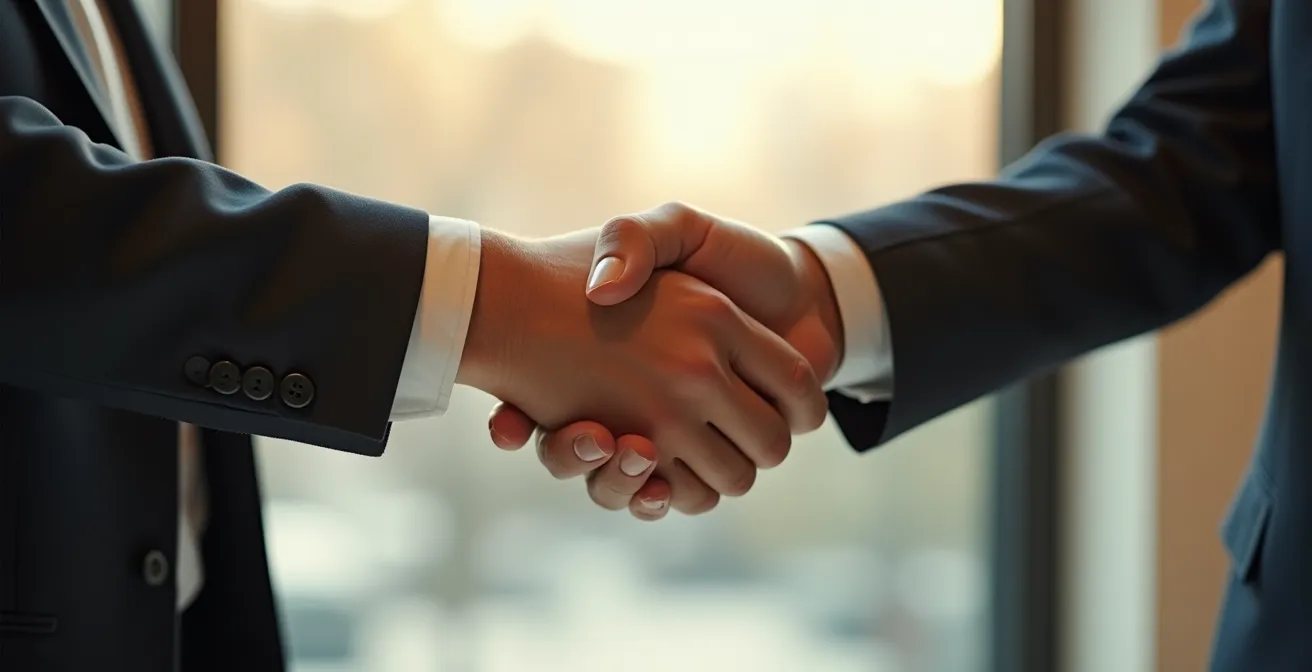 Gros plan sur des mains professionnelles se serrant lors d'un accord collaboratif